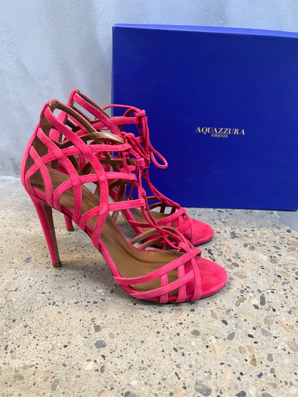 Aquazzura Hot Pink Suede Lace-Up Strappy Stiletto Sandals